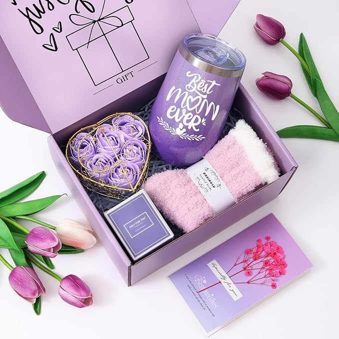 Gifts for Mom, Mother's Day Gift for Mom from Daughter Son, Birthday, Thanksgiving Day, Christmas Gifts for Mother, Care Package, Gift Basket with Canvas Tote Bag Sock Tumbler Soap Flower