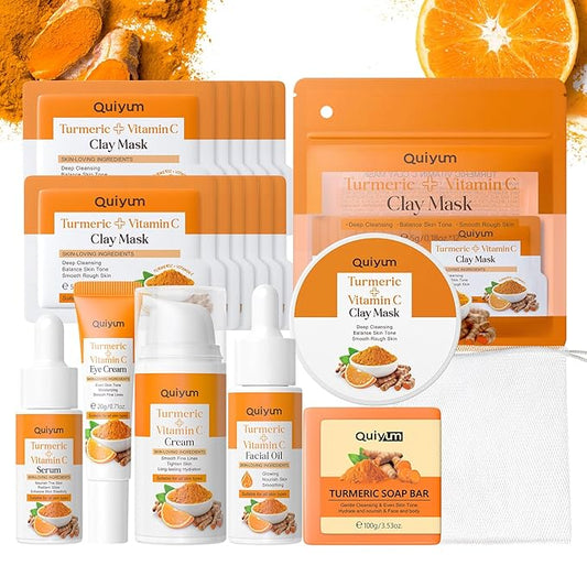 Skin Care Set, Turmeric Vitamin C Beauty Gift Sets, Skincare Kit with Serum, Eye Cream, Cream, 2 Type Mud Mask, Soap, Facial Oil Travel Kit for Women, Improve Dark Spot, Reduce Acne