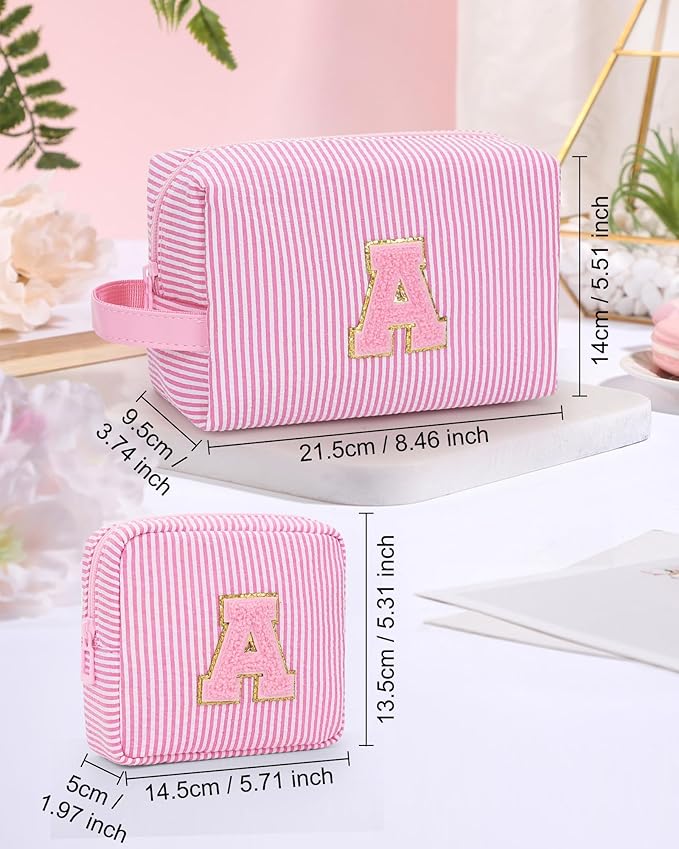 MONSTINA Personalized Initial Makeup Bag for Women,Make Up Case for Girlfriend Bridesmaid Wife,Birthday Gift for Her Cute Toiletry Bag,2PCS,Pink W