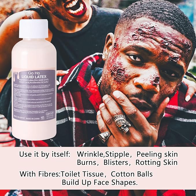 Go Ho Liquid Latex SFX Makeup(2 oz),Halloween Monster Zombie Costume Makeup,Quick Drying Multi-Purpose Liquid Face Paint for Scar Wound Peeling Skin Wrinkles Stipples Burns Blisters,Light Flesh