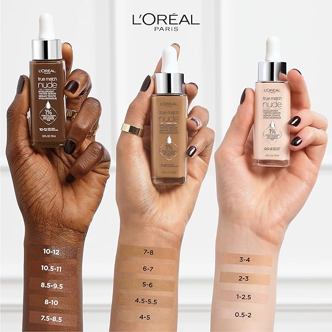 L'Oreal Paris True Match Nude Hyaluronic Tinted Serum Foundation with 1% Hyaluronic acid, Very Deep 10-12, 1 fl. oz.