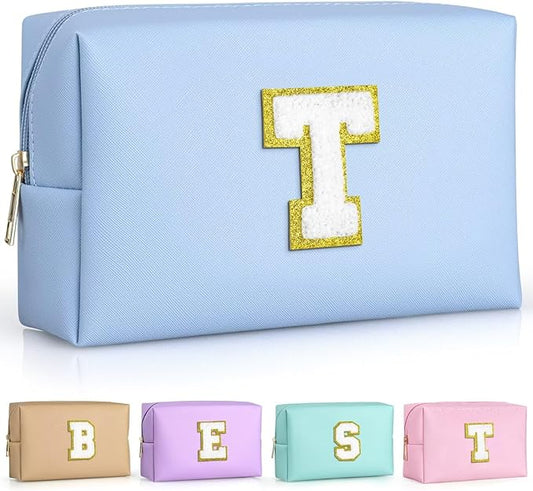 TOPEAST Preppy Stuff for Girls, Initial Makeup Bag Chenille Letter Pouch Cosmetic Bag with Zipper, PU Leather Waterproof Toiletry Bag, Cute Stuff Birthday Gift for Friends Sister (Sky Blue T)