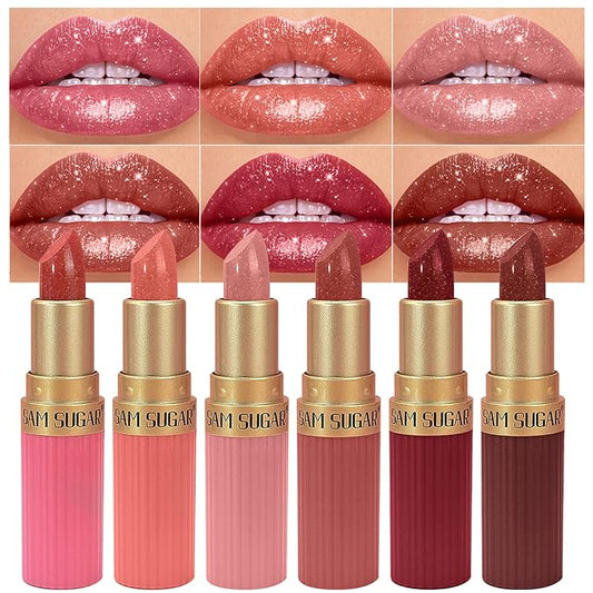 BONNIE CHOICE 6Pcs Glitter Lipstick Set, Red Rose Nude Pink Brown Glitter Shimmer Shine Lipstick Sets for Women Waterproof Long Lasting 24 Hours Lip Stick Makeup Gift Sets