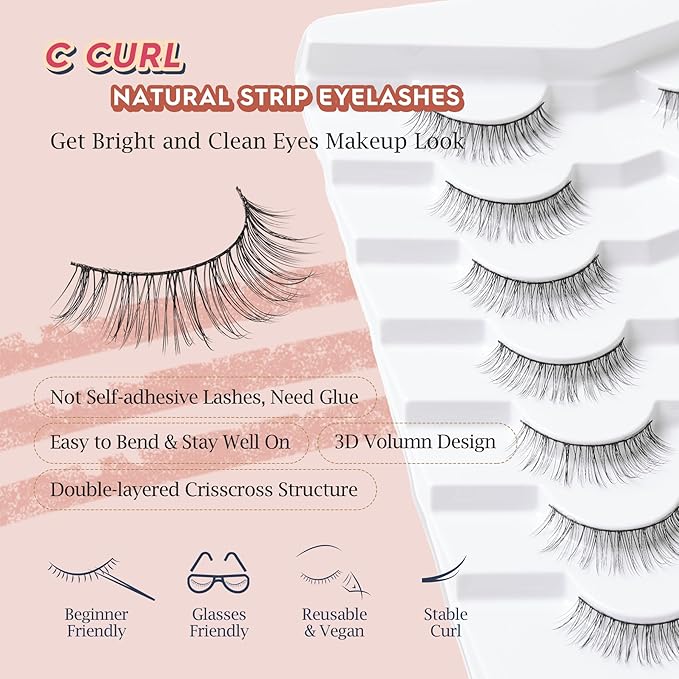 Natural Lashes Eyelashes Wispy 10MM Short Lashes Thin Band Strip Lashes 3D Volume Lashes False Eyelashes C Curl Soft Lash Pack 7 Pair Siligli