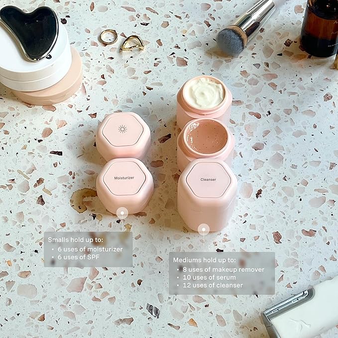 Cadence Travel Containers - Core Skincare Set - Magnetic Containers with Lids,2 Small (0.56oz) & 3 Medium (1.32oz) - Cleanser, Moisturizer, Serum, Makeup Remover & Sun Icon Labels - Petal