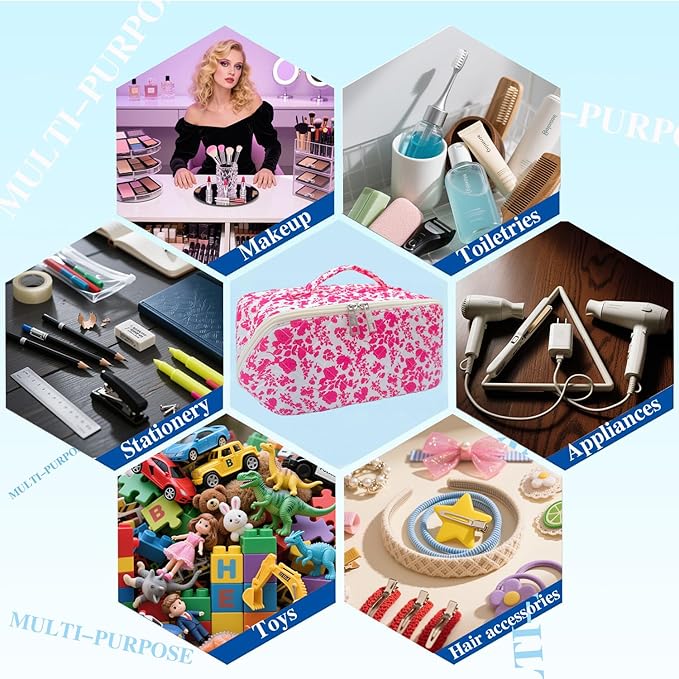 Rose Red Large Quilted Floral Makeup Bag Cute Coquette Aesthetic Cosmetic Bag Open Flat Travel Toiletry Make up Bag for Women