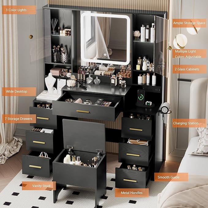 Makeup Vanity with LED Light Strip Mirror and Chair, 7 Drawers & 2 RGB Cabinets Black Vanity Makeup Desk with Power Strip, Adjustable LED Lighting, and Cushioned Stool for Women, Girls, Teens