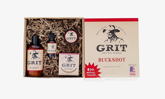 GRIT Boxed Gift Set Bundle Buckshot - Includes 1 Soap, 1 Lotion, 1 Beard Oil, and 1 Beard Balm | All Natural | Dye-Free Lotion | Enriched with Nourishing Goat Milk |