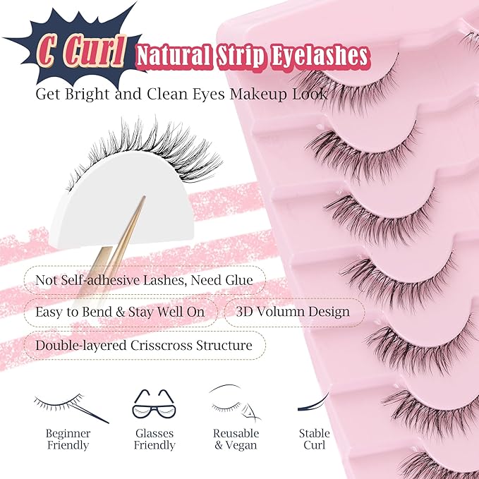 Eyelashes Cat Eye Lashes Natural Look 12mm False Lashes Wispy C Curl Eyelashes with 0.1Mm Thin Band 3D Volume Fake Eyelash Pack Natural Lash Strips 7 Pair Siligli