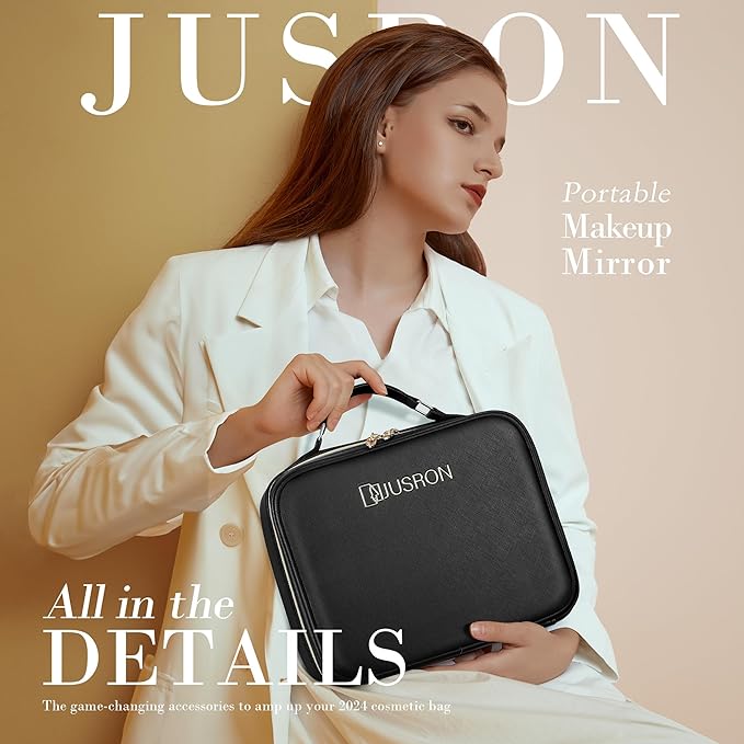 JUSRON Travel Makeup Bag With LED Mirror, Cosmetic Train Case with Light up Mirror, Portable Makeup Artist Organizer Bag with Adjustable Dividers, Makeup Brush Holder Storage (Black, Medium)