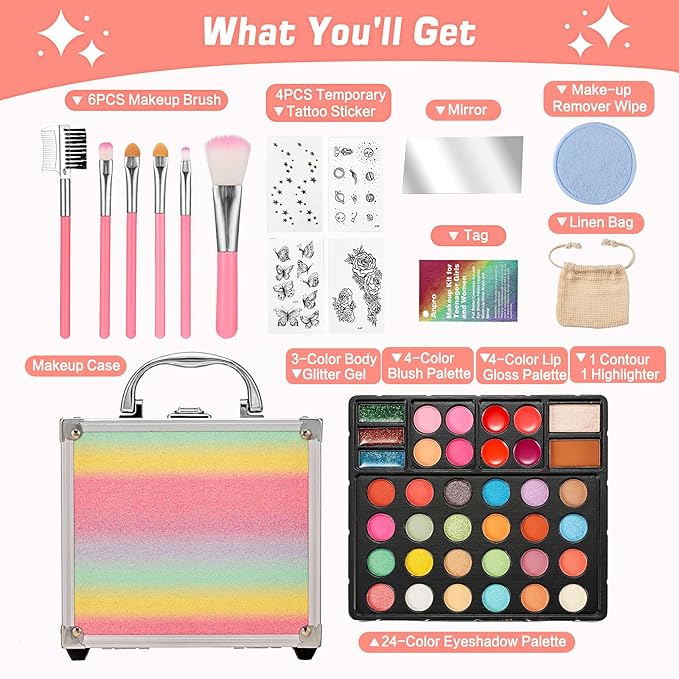 Anpro All-in-One Makeup Carry Case with Pro Teen Makeup Set, Full Starter Cosmetics Kit with Makeup Brushes, Eye Shadows Palette, Blushes, Glitter Gel, Temporary Tattoo Stickers - Colorful
