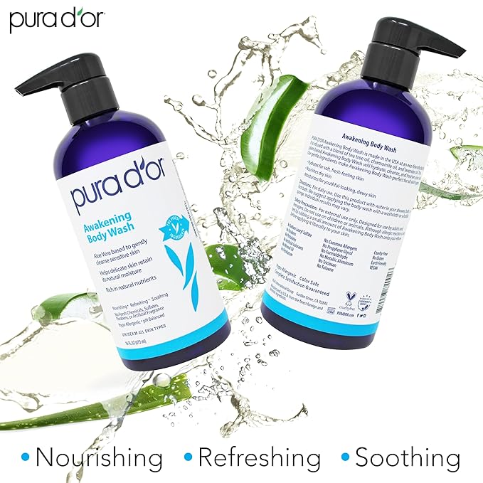 PURA D'OR Awakening Body Wash (16oz x3 = 48oz) Aloe Vera, Chamomile, Lavender, Tea Tree for Invigorating Earthy Scent, pH Balanced for Moisturized Soft, Fresh-Feeling Skin, All Skin Types, Men & Women