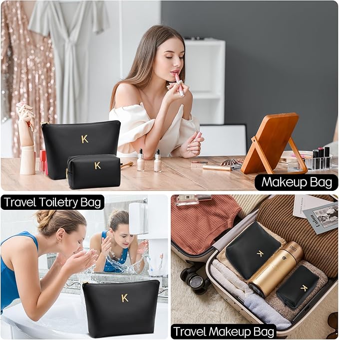 Women Gifts | Initial Makeup Bag Set for Girl Personalized Gifts for Bridesmaid Friend Graduation Teachers PU Leather Cosmetic Travel Toiletry Bag(Black,K)