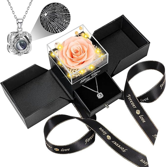 Preserved Red Champagne Real Rose with Heart I Love You Necklace -Eternal Flowers Rose Birthday Gifts for Women Her Mom Wife Girlfriend Grandma on Valentines Mothers Day Christmas Anniversary