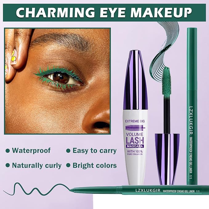 Green Mascara and Eyeliner Set,Natural Curling Green Mascara for Eyelashes,Volumizing Lengthening Rimel de Pestañas Waterproof,5D Colored Eye Makeup