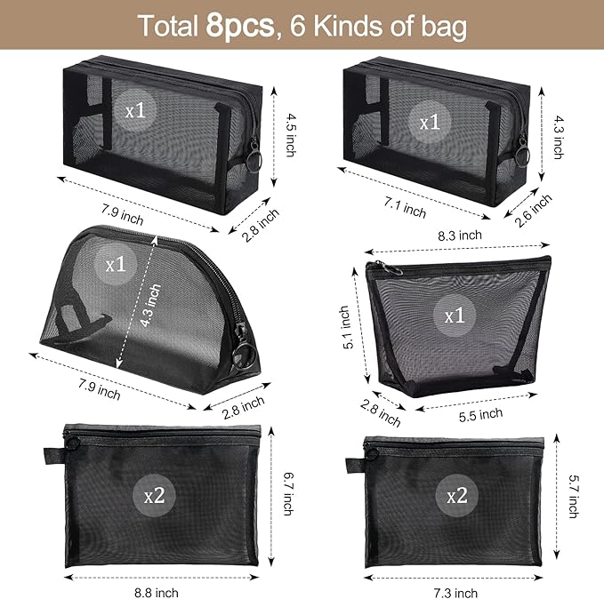 8 Pieces Mesh Makeup Bag Set,Cosmetic Bags Make up pouch,Portable Clear Travel Toiletry Makeup Kit Bag Organizer Mesh Zipper Pouch Purse Beauty Storage Bags for Home Office Travel Accessories(Black)