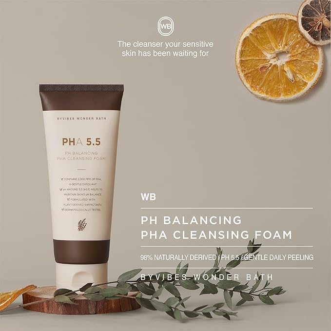 PH Balancing PHA Cleansing Foam - Korean Face Wash for Sensitive Skin, Gentle Hydrating Facial Cleanser, Exfoliating Skin care, 4.4 Fl Oz (130ml)