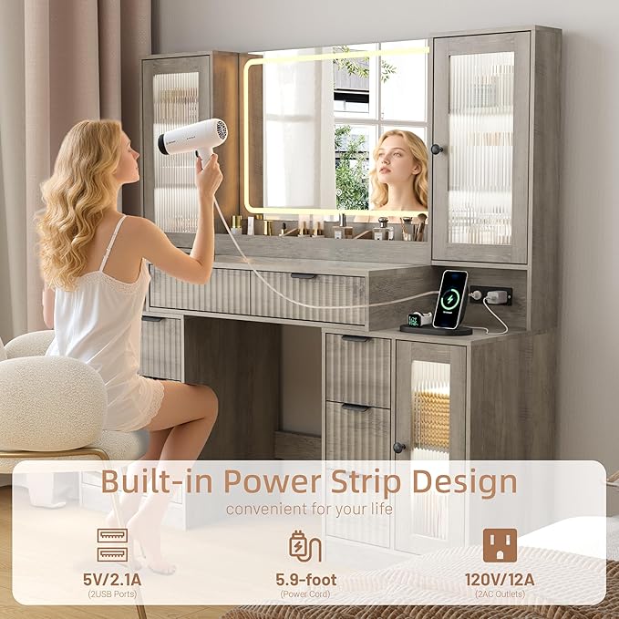 55" Vanity Desk with Mirror & Lights, Fluted Makeup Vanity with 8 Drawers & 4 Cabinets, Tempered Glass Top, RGB Cabinet Lighting, 3-Color Dimmable Mirror, and Charging Station (Gray Wash)