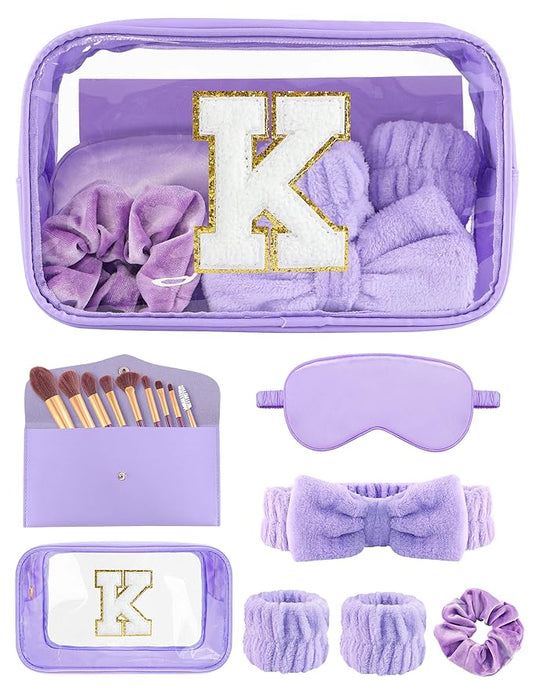 Gift Sets for Women, Initial Makeup Bag with Makeup Brush Set Bachelorette Party Favors, Purple Spa Kit with Skincare Headbands Wrist Bands Sleepover Party Supplies Gifts for Teen Girls Bridesmaid K