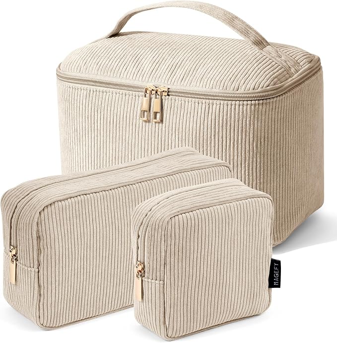 MAGEFY Small Makeup Bag for Purse Mini Cosmetics Bag Corduroy Cute Cosmetic Pouch for Women with Slip-in Pockets