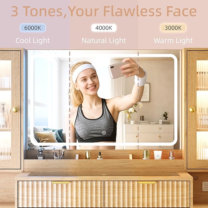 55" Vanity Desk with Mirror & Lights, Fluted Makeup Vanity with 8 Drawers & 4 Cabinets, Tempered Glass Top, RGB Cabinet Lighting, 3-Color Dimmable Mirror, and Charging Station (Natural Oak)