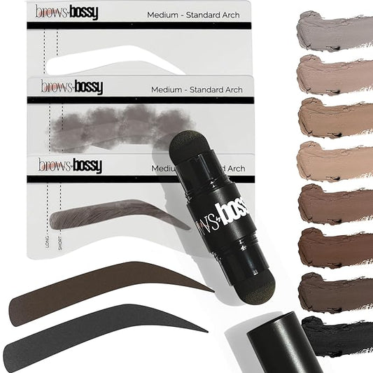 Brows by Bossy Dual-Color Eyebrow Stamp Stencil Kit with 9 Reusable Eyebrow Stencils for Professional Brow Stamping Shaping Kit and Instant Long Lasting Filling and Waterproof Tinting Definer