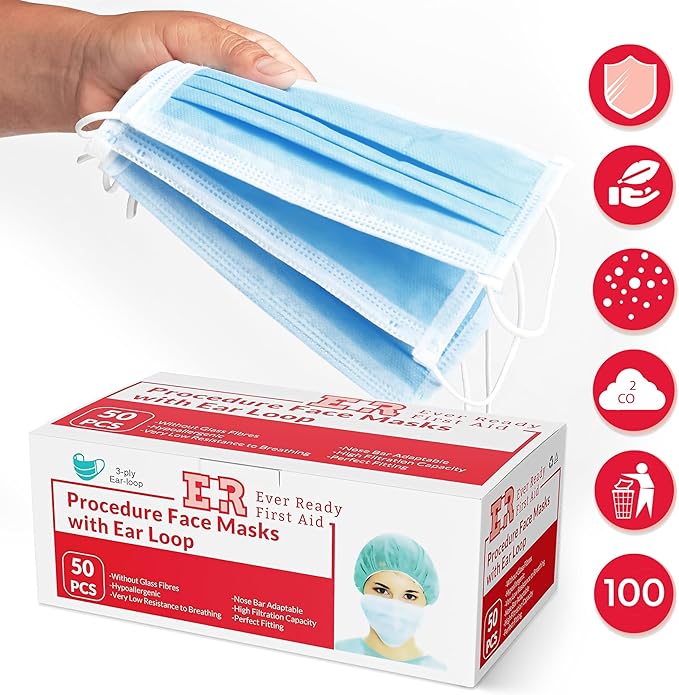 Ever Ready First Aid 3-ply Disposable Face Masks, Ear Loop Breathable Particle Mask, General Use – 100 Count
