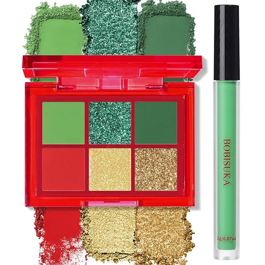 BOBISUKA Eyeshadow + Matte Lipstick Makeup Set, 6 Colors Green Red Shimmer Matte Gold Glitter Eye Shadow Pallet with Green Liquid Lipstick Makeup Kit for Christmas, Halloween, St Patricks Day
