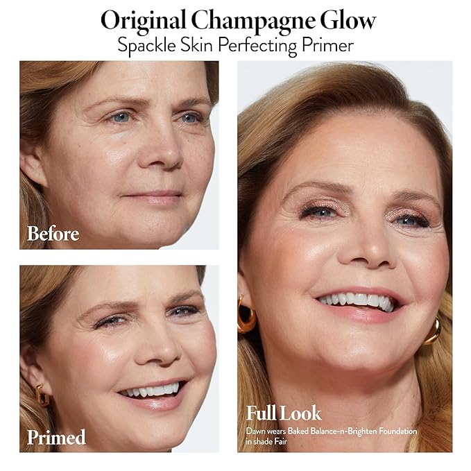 LAURA GELLER NEW YORK Everyday Routine Kit - Baked Balance-N-Brighten Color Correcting Powder Foundation, Golden Medium + Retractable Angled Kabuki + Spackle Makeup Primer, Champagne Glow (3 PC)