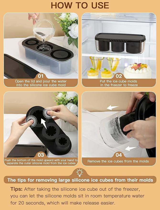 Ice Cube Tray for Tumbler Cup 30Oz-40Oz, 3 Pcs Silicone Cylinder Ice Mold with Lid and Bin for Freezer, Easy Fill and Release Ice Maker for Whiskey, Cocktail BPA-Free