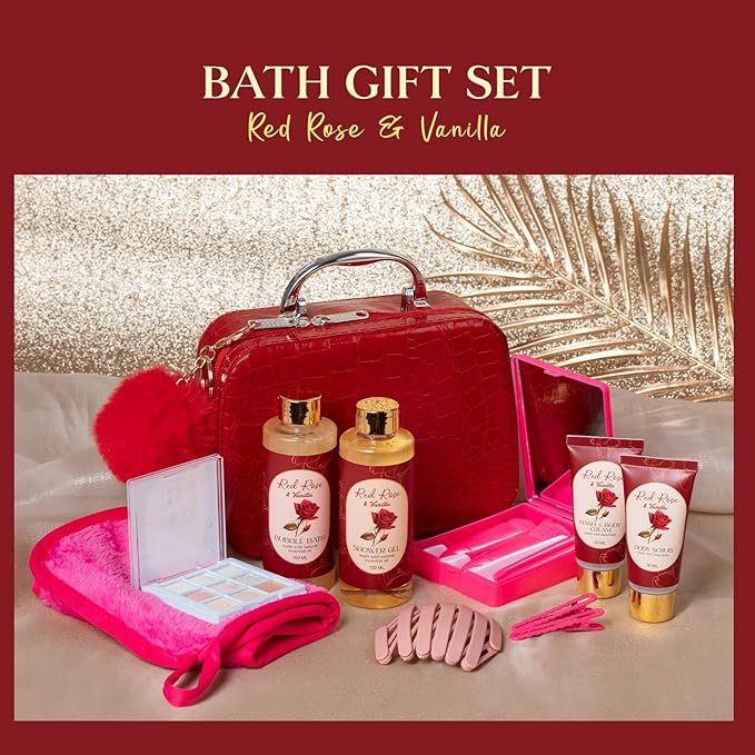 Birthday Gifts for Women Teens Girls, Spa Gift Set, Bath Gift Set for Women, 12 Pcs Rose Vanilla Bath Set, Self Care gifts Bag Makeup Cosmetic Bag, Spa Kit for Teenage Gifts, Daughter Gift Set