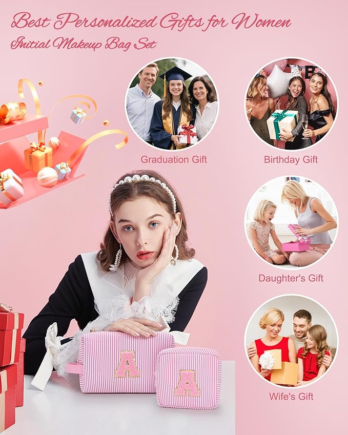 MONSTINA Cute Makeup Bag for Girls&Women Personalized Initial Toiletry Bag,Make Up Case for 11 12 13 14 15 16 Years Old Teen Girls Gift Trendy Stuff Birthday Gift for Her,2PCS Pink B