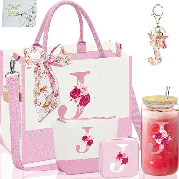 Monogrammed Gifts for Women,Personalized Gift for Women,Initial Canvas Tote Bag,16oz Initial Glass Cup,Makeup Bag for Sister,Jewelry Organizer Box,Birthday Gifts for Aunt Niece-J