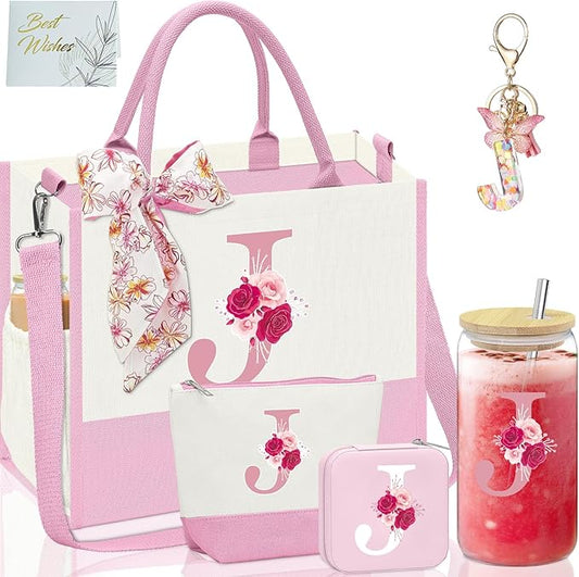 Monogrammed Gifts for Women,Personalized Gift for Women,Initial Canvas Tote Bag,16oz Initial Glass Cup,Makeup Bag for Sister,Jewelry Organizer Box,Birthday Gifts for Aunt Niece-J