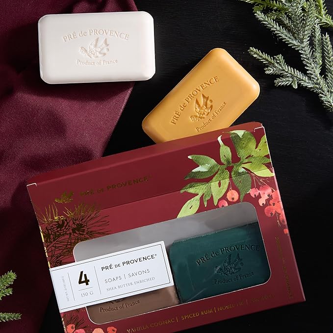 Pre de Provence Heritage Holiday Soap Gift Set/4 - Full Size French Soap Bars - Quad-Milled, Assorted Scents, 4 x 150g