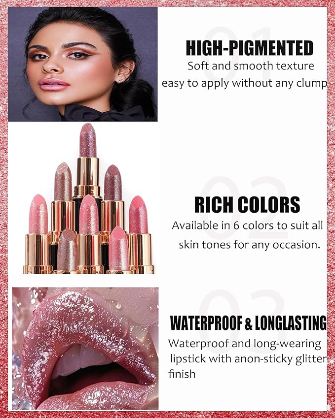 Rose Red Metallic Glitter Lipstick Long Lasting,Diamond Nude Shimmer Lip Gloss High Pigmented Matte Liquid Lip Stick for Women,Sparkling Shiny Transfer Proof Non Stick Tinted Lip Color Balm Makeup-06