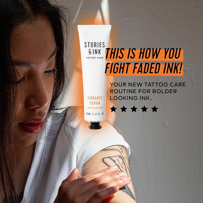 Stories & Ink Tattoo Care | VIBRANCY SERUM for healed skin - Overnight Treatment for Faded Tattoos to Brighten Pigments & Enhance Ink Intensity, 60 mL / 2 Fl Oz