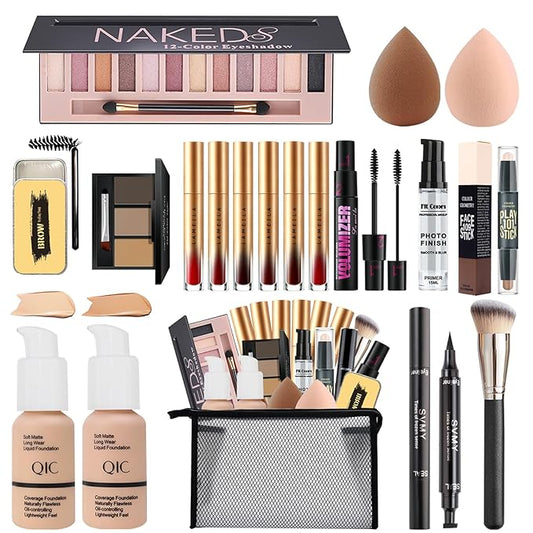All in One Makeup Kit, Includes Naked Eyeshadow,Liquid Foundation,Lipstick Set,Mascara,Makeup Brush,Makeup Sponge,Eyebrow Powder,Eyebrow Soap,Eyeliner Stamp,Primer,Contour Stick,Makeup Bag