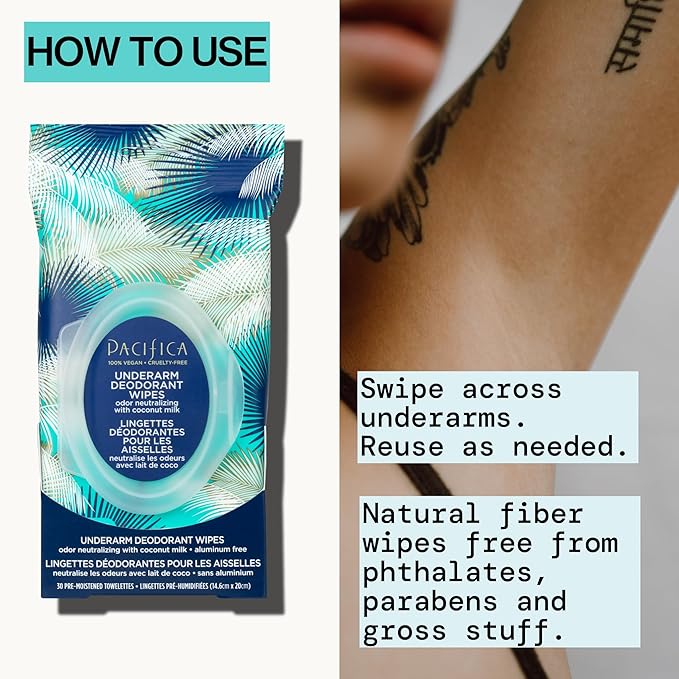Pacifica Beauty Coconut Milk & Essential Oils Underarm Deodorant Wipes, Helps Remove Odor, Aluminum-Free, Vegan & Cruelty-Free, 30 Wipes (1-Pack)