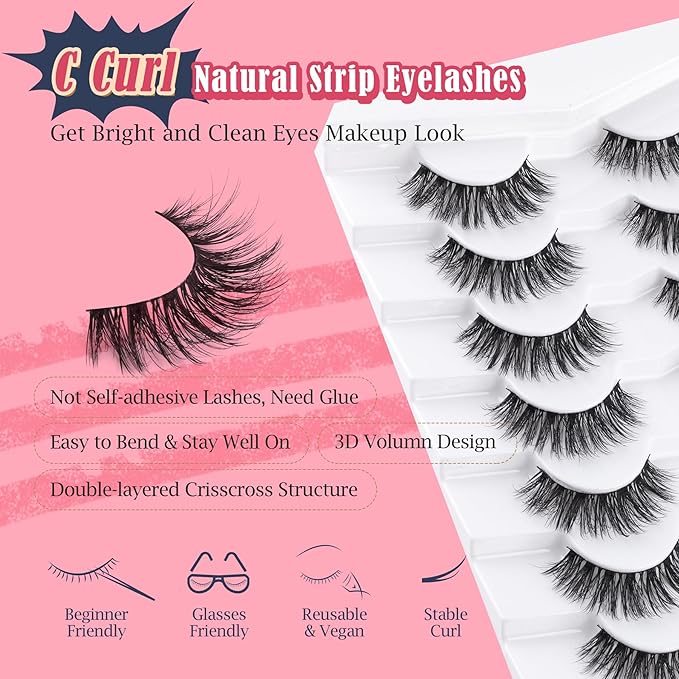 Wispy Lashes False Eyelashes Natural 16mm Fluffy Eyelashes Strip Lashes Pack 3D Volume Lashes 0.1MM Extra Thin Cotton Band Fake Eyelashes Soft Full Lashes C Curl Lashes Pack Siligli 7 Pair