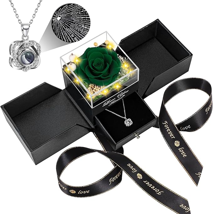 Preserved Blackish Green Real Rose with Heart I Love You Necklace -Eternal Flowers Rose Birthday Gifts for Women Her Mom Wife Girlfriend Grandma on Valentines Mothers Day Christmas Anniversary