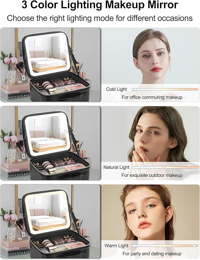 Chomeiu Makeup Bag with LED Mirror, Travel Makeup Case for Women and Makeup Artists Cosmetic Organizer Large Make Up Bags with Light Up Mirror, 3 Color Lights, Adjustable Dividers, Crocodile Pattern