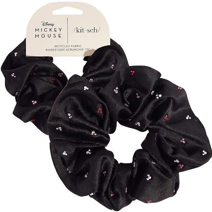 Kitsch & Mickey/Minnie Fabric Rhinestone Scrunchies for Women, Hair Scrunchies for All Hair Types, Recycled Polyester, Perfect for Updo or Half Up Ponytail | Ideal Gifts for Women (Black) - 1 Piece