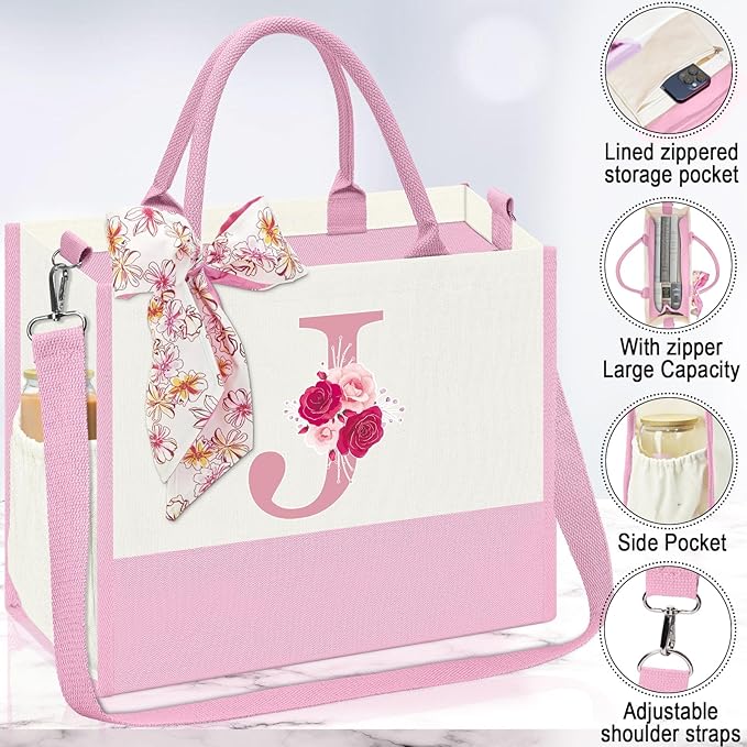 Monogrammed Gifts for Women,Personalized Gift for Women,Initial Canvas Tote Bag,16oz Initial Glass Cup,Makeup Bag for Sister,Jewelry Organizer Box,Birthday Gifts for Aunt Niece-J