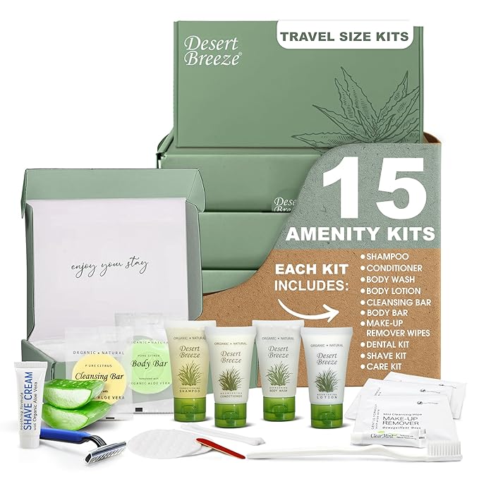 Desert Breeze Amenity & Accessory Kit | 1 oz Shampoo, Conditioner, Lotion, Body Wash, Body Bar, Cleansing Bar, Shave & Dental Sets, Make-Up Wipes, Vanity Kit | 15 Sets per Case