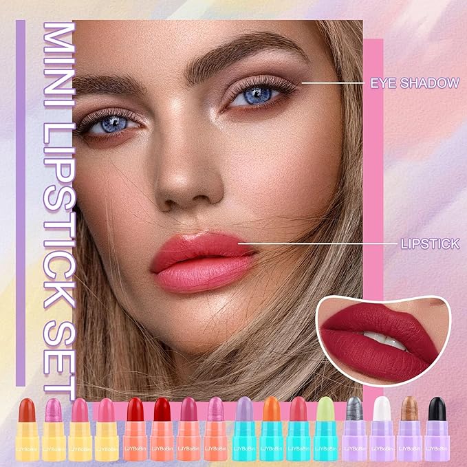 16PCS Mini Lipstick & Eyeshadow Stick Set, Multi Colored Ultra Matte Color Changing, Magic Glitter, Long Lasting Waterproof Capsule Pills