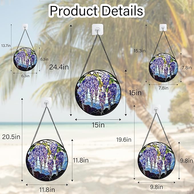 Stained Glass Window Hanging, Purple Wisteria Flowers Suncatcher for Doors Window Home Plant Sun Catchers Decoration Mother's Day Birthday Gifts for Women, Men, and Mom 9.8x9.8 in