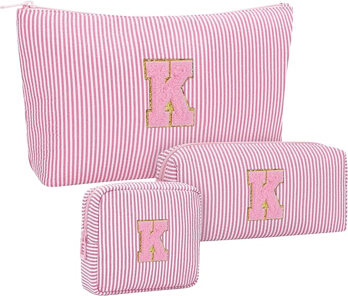 MONSTINA Initial Makeup Bag for Women,Make Up Case for Girlfriend Bridesmaid Wife|Personalized Birthday Gift for Her Cute Toiletry Bag,3PCS,Pink K