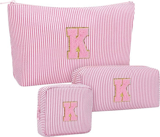 MONSTINA Initial Makeup Bag for Women,Make Up Case for Girlfriend Bridesmaid Wife|Personalized Birthday Gift for Her Cute Toiletry Bag,3PCS,Pink K