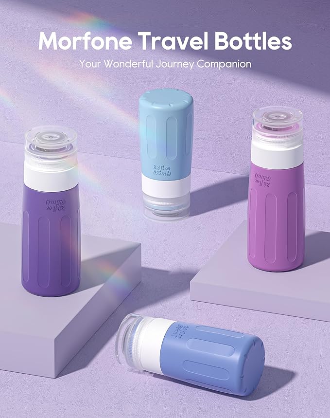 Morfone 16 Pack Silicone Travel Bottles Set for Toiletries TSA Approved Travel Containers Leakproof Squeezable Refillable Accessories 2oz 3oz for Shampoo Conditioner Lotion Liquids (Blue Purple)